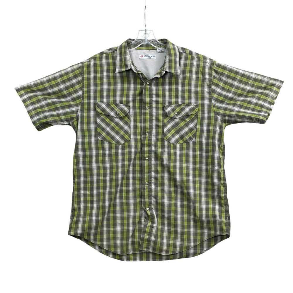 Anchor Blue Western Shirt Mens XL Green Plaid Pearl Snap Casual Streetwear Skate